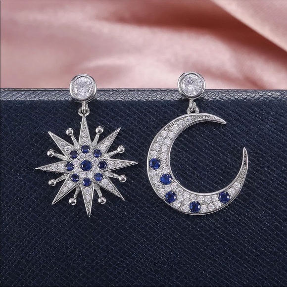 New 925 Silver Moon Star Sapphire Stud Earrings - Picture 4 of 6